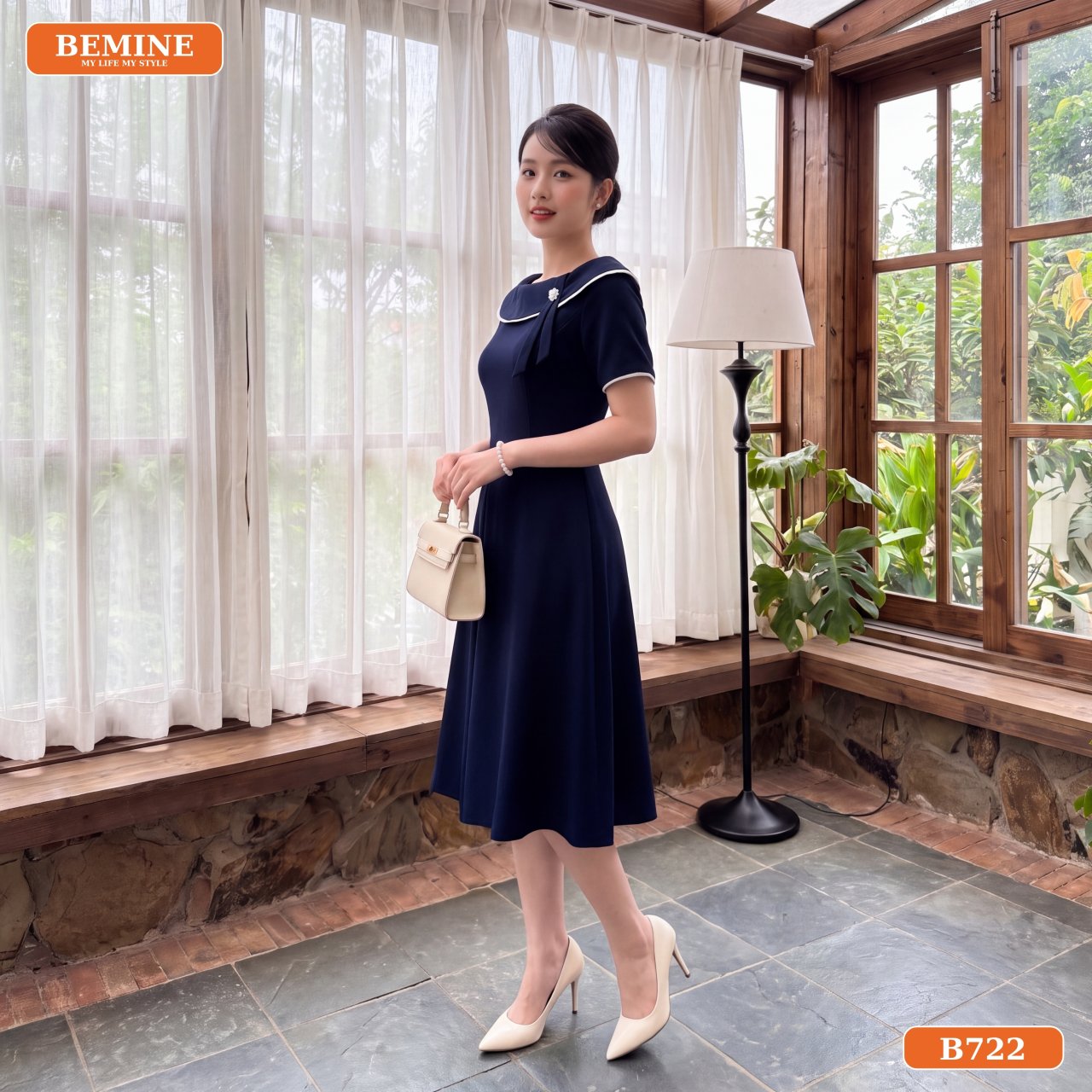 Chi tiết viền cổ và túi tiện lợi trên đầm BEMINE B722