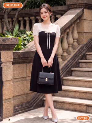 Đầm thiết kế BEMINE cổ vuông phối ren hoa dáng dài B738 hình ảnh