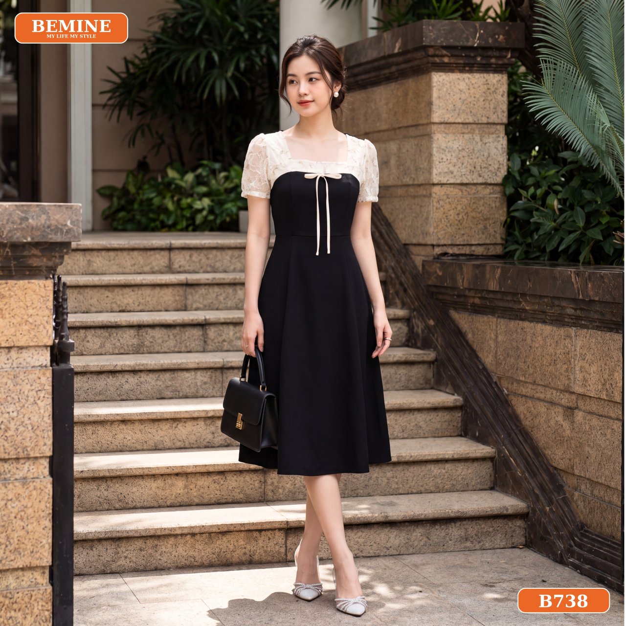 Chi tiết cổ vuông phối ren hoa đầm thiết kế BEMINE B738