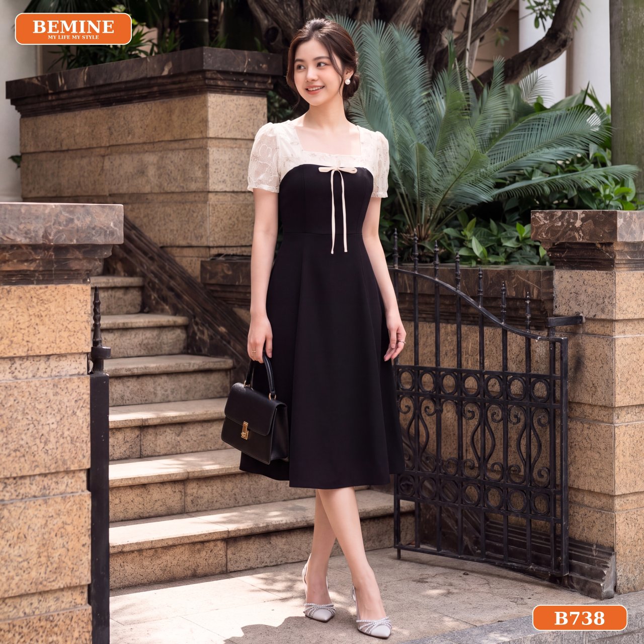 Gợi ý phối phụ kiện với đầm thiết kế cổ vuông phối ren B738
