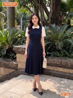 Đầm thiết kế BEMINE cổ trụ nơ kiểu phối cúc dáng dài B746 hình ảnh