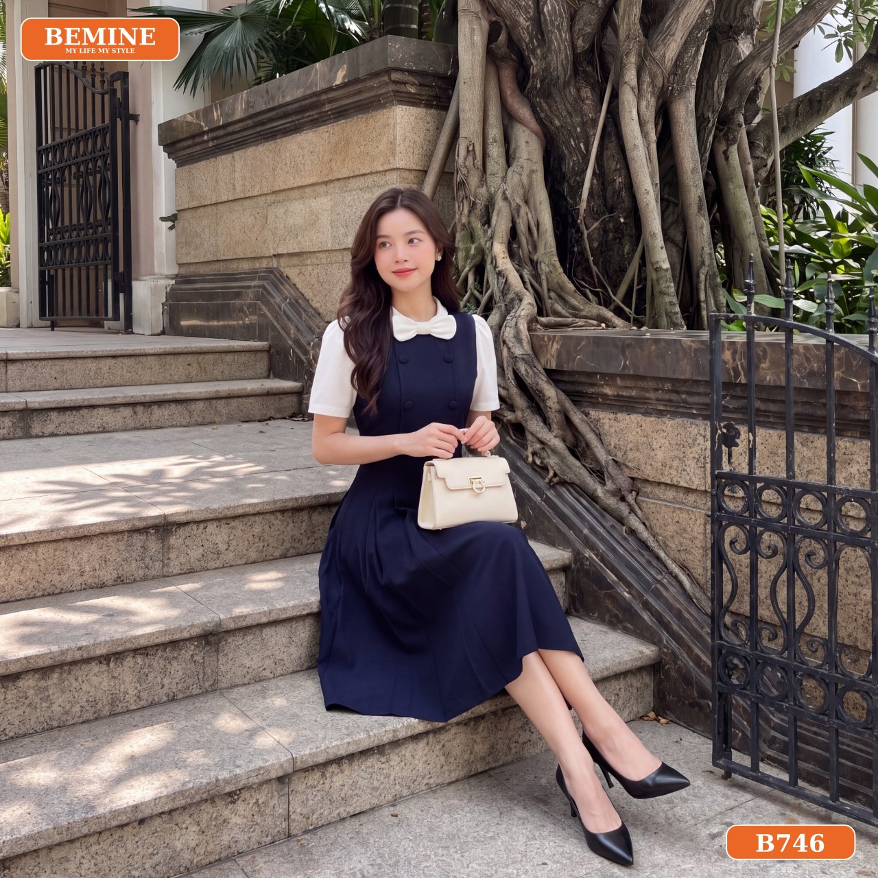 Cận cảnh phong cách thanh lịch của đầm thiết kế BEMINE cổ trụ nơ B746