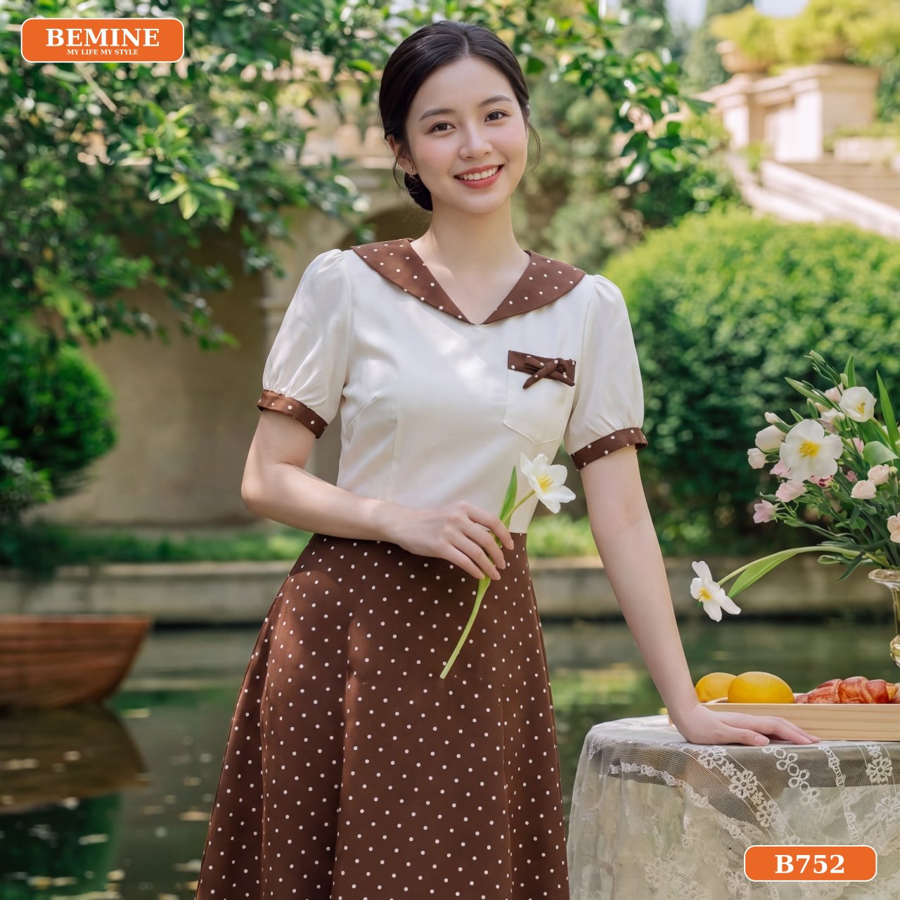 Gợi ý phối đồ với đầm cổ thủy thủ in bi B752 đi làm