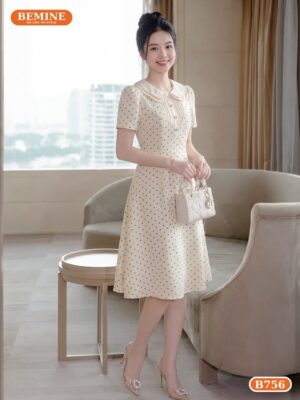 Đầm thiết kế BEMINE cổ sen hai lớp họa tiết bi dáng dài phù hợp đi làm-B756 - những mẫu đầm suông trung niên