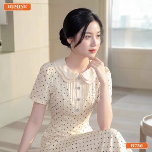 Đầm thiết kế BEMINE cổ sen hai lớp họa tiết bi dáng dài phù hợp đi làm-B756 - váy xếp ly