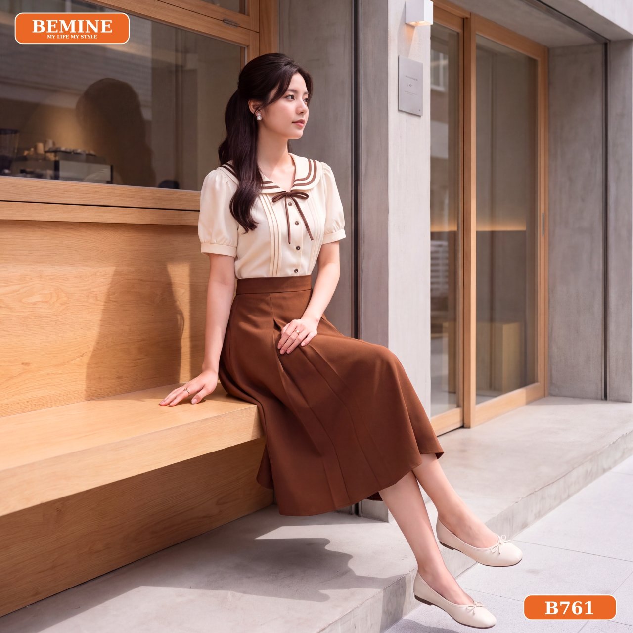 Tổng thể thiết kế đầm B761 Tổng thể đầm chữ A cổ thủy thủ B761 BEMINE