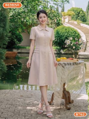 Đầm thiết kế BEMINE cổ đức chạy viền dáng chữ A phù hợp đi làm-B762 - váy cho người béo