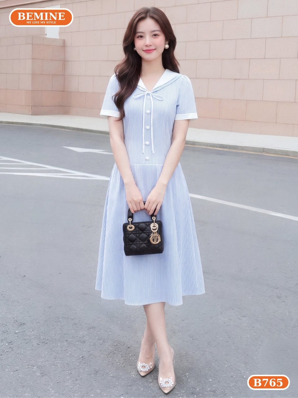đầm thiết kế cổ chữ v họa tiết sọc dáng dài B765