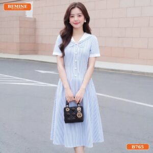 Đầm thiết kế BEMINE cổ chữ V họa tiết sọc dáng dài phù hợp đi chơi-B765 - thời trang công sở BEMINE fashion HCM