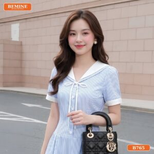 Đầm thiết kế BEMINE cổ chữ V họa tiết sọc dáng dài phù hợp đi chơi-B765 - áo đầm trung niên