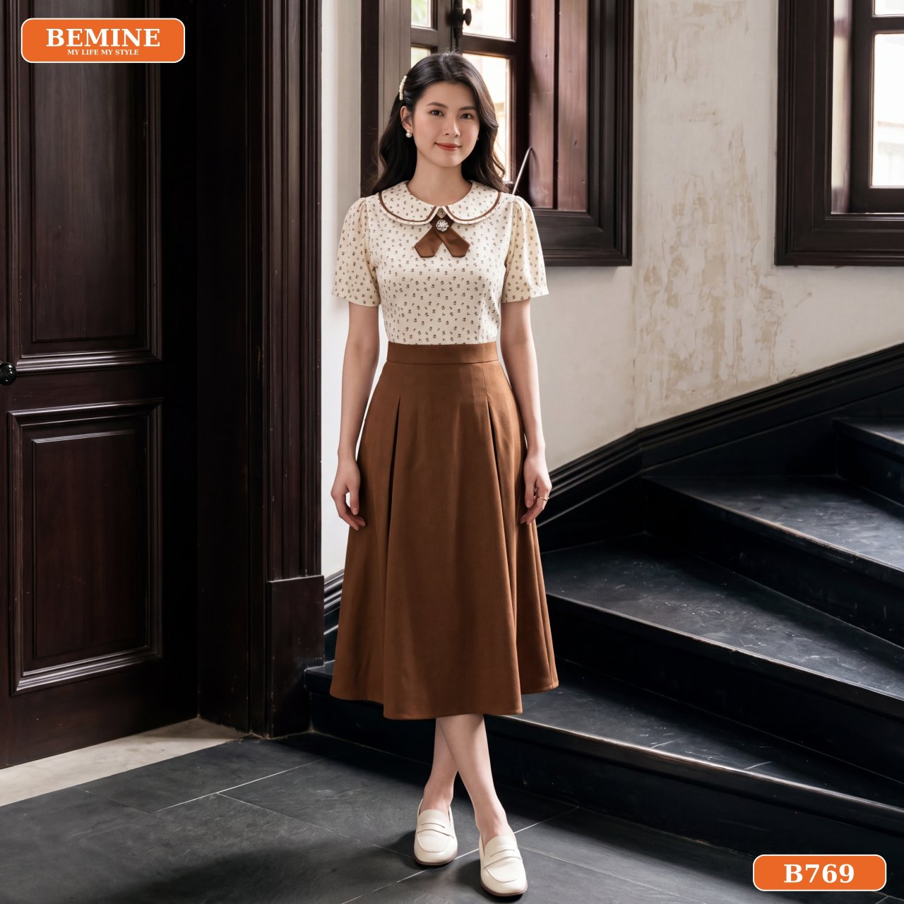 Chi tiết phom dáng đầm thiết kế BEMINE cổ sen B769