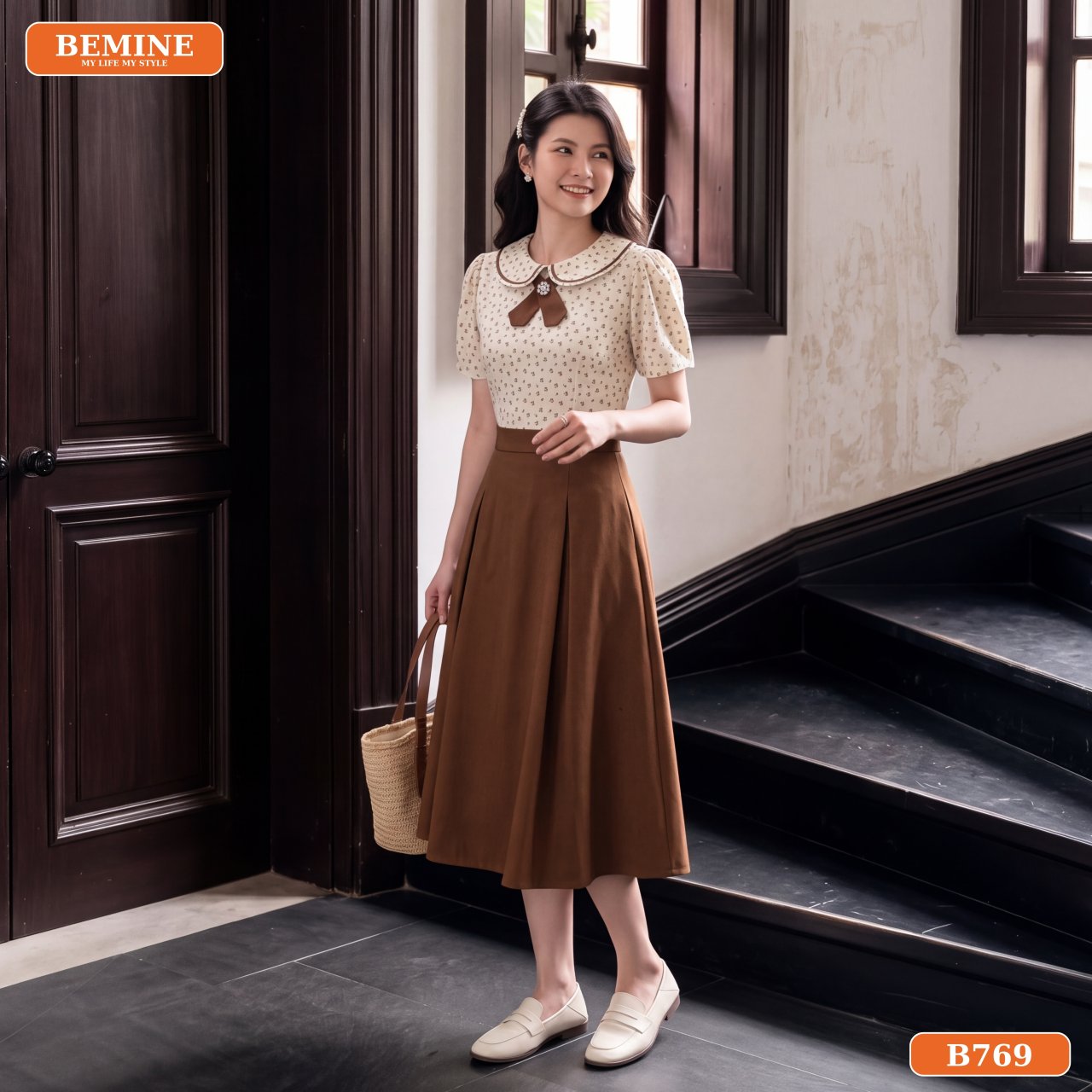 Gợi ý phối đồ cùng đầm thiết kế BEMINE cổ sen B769