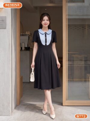 Đầm thiết kế BEMINE cổ sen phối caro dáng chữ A phù hợp đi làm-B772 - màu tôn da