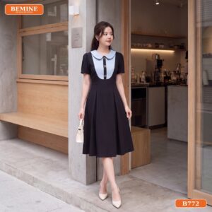 Đầm thiết kế BEMINE cổ sen phối caro dáng chữ A phù hợp đi làm-B772 - trang phục công sở nữ