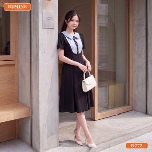 Đầm thiết kế BEMINE cổ sen phối caro dáng chữ A phù hợp đi làm-B772 - phụ nữ tuổi 45 mặc gì đẹp