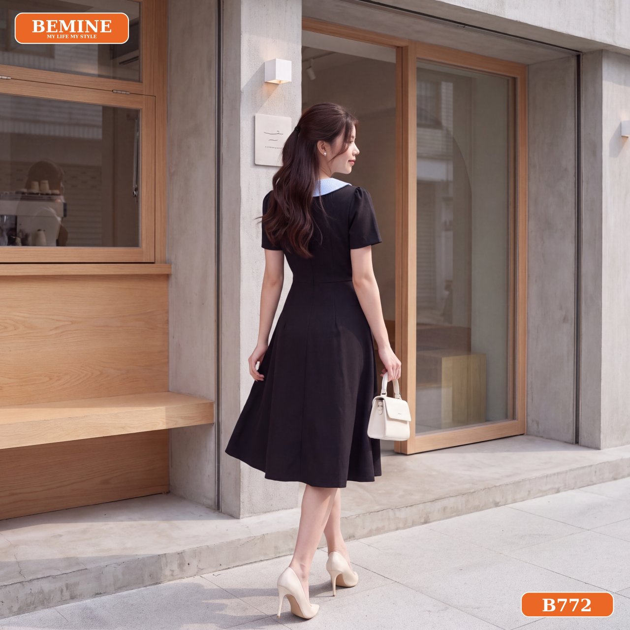Phom dáng đầm thiết kế cổ sen phối caro B772 BEMINE