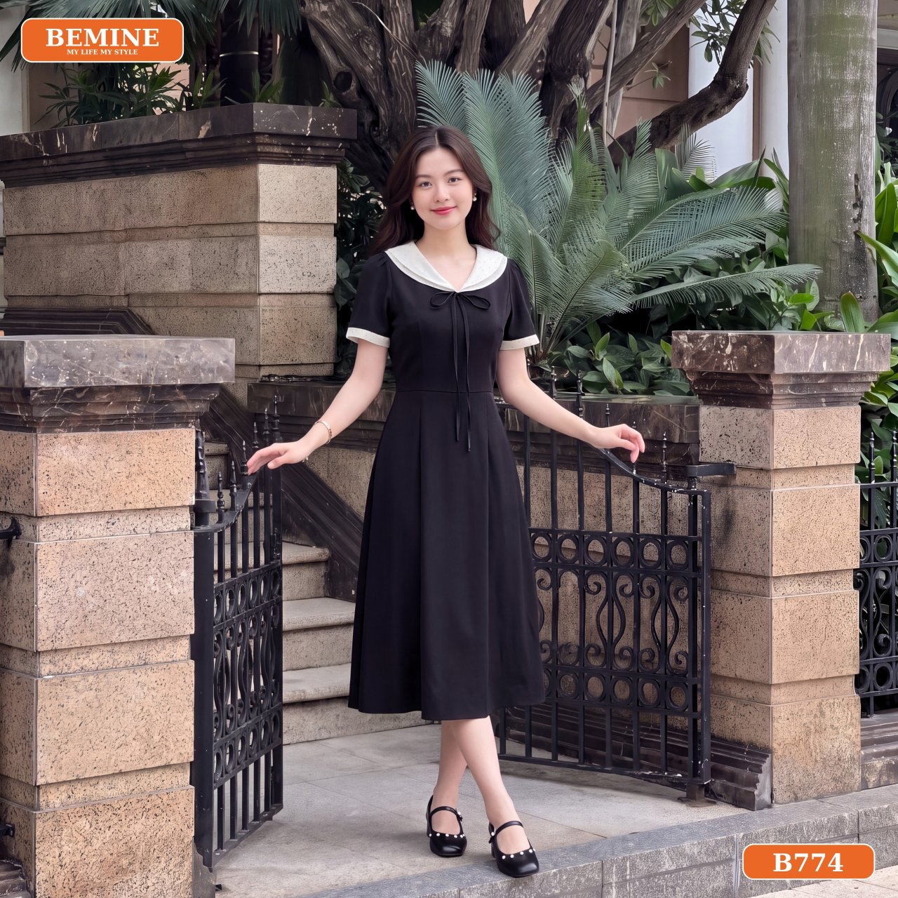 Phối phụ kiện cho đầm B774 Gợi ý phối đồ cùng đầm chữ A họa tiết bi B774