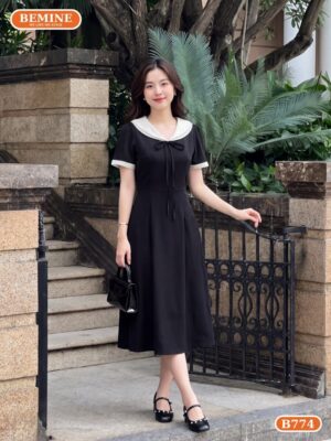 Đầm thiết kế BEMINE cổ tim phối họa tiết bi dáng chữ A B774 hình ảnh