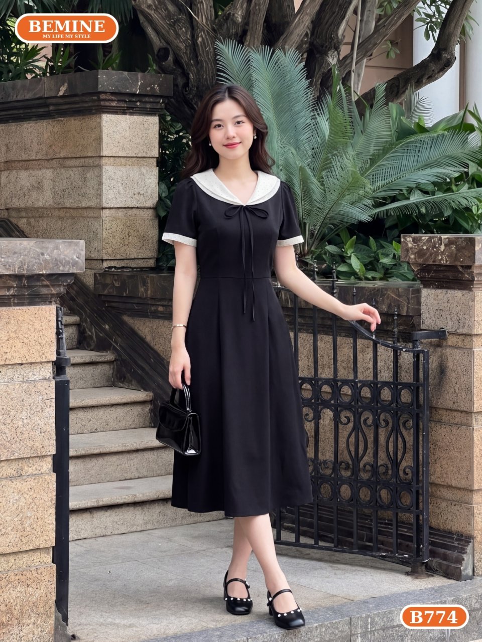 Đầm chữ A họa tiết bi B774 BEMINE đầm thiết kế cổ tim phối họa tiết bi dáng chữ A B774