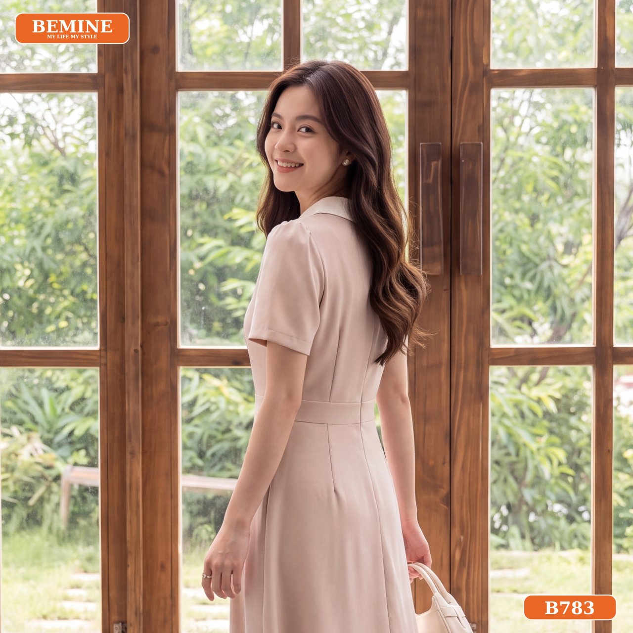 Chất vải cotton Hàn của đầm B783 Chất liệu vải cotton Hàn của đầm thiết kế cổ sen B783