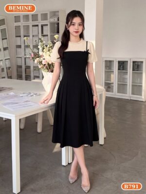 Đầm thiết kế BEMINE cổ tròn phối in bi đính nơ dáng chữ A B791 hình ảnh