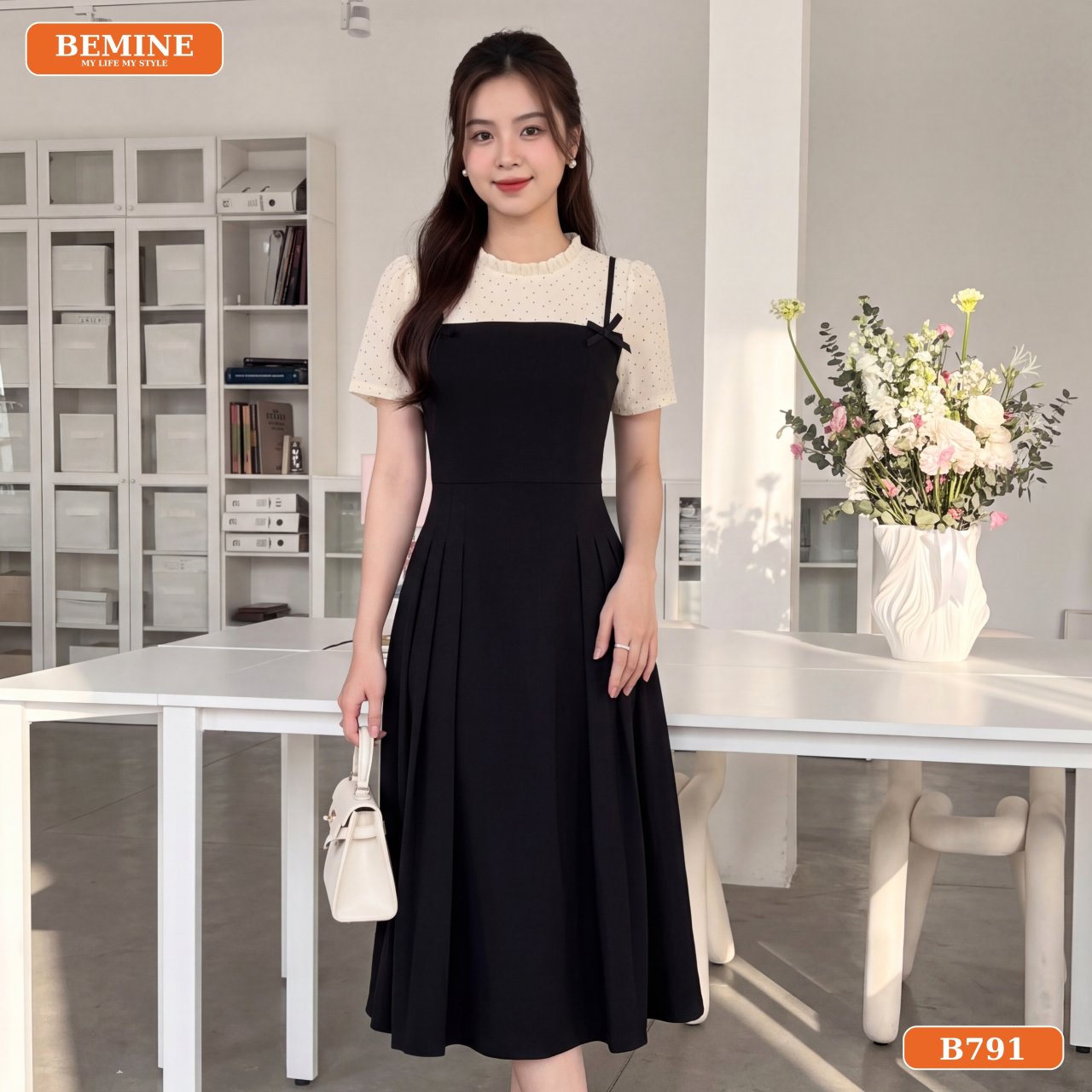 Gợi ý trang phục đi làm B791 Gợi ý phối đồ cùng đầm chữ A đính nơ B791 khi đi làm