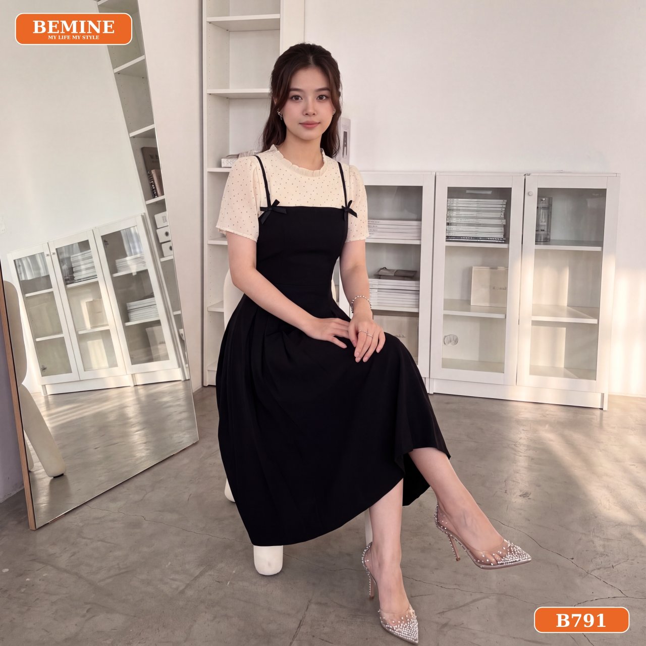 Đầm B791 thanh lịch dạo phố Thiết kế đầm chữ A đính nơ B791 phù hợp dạo phố