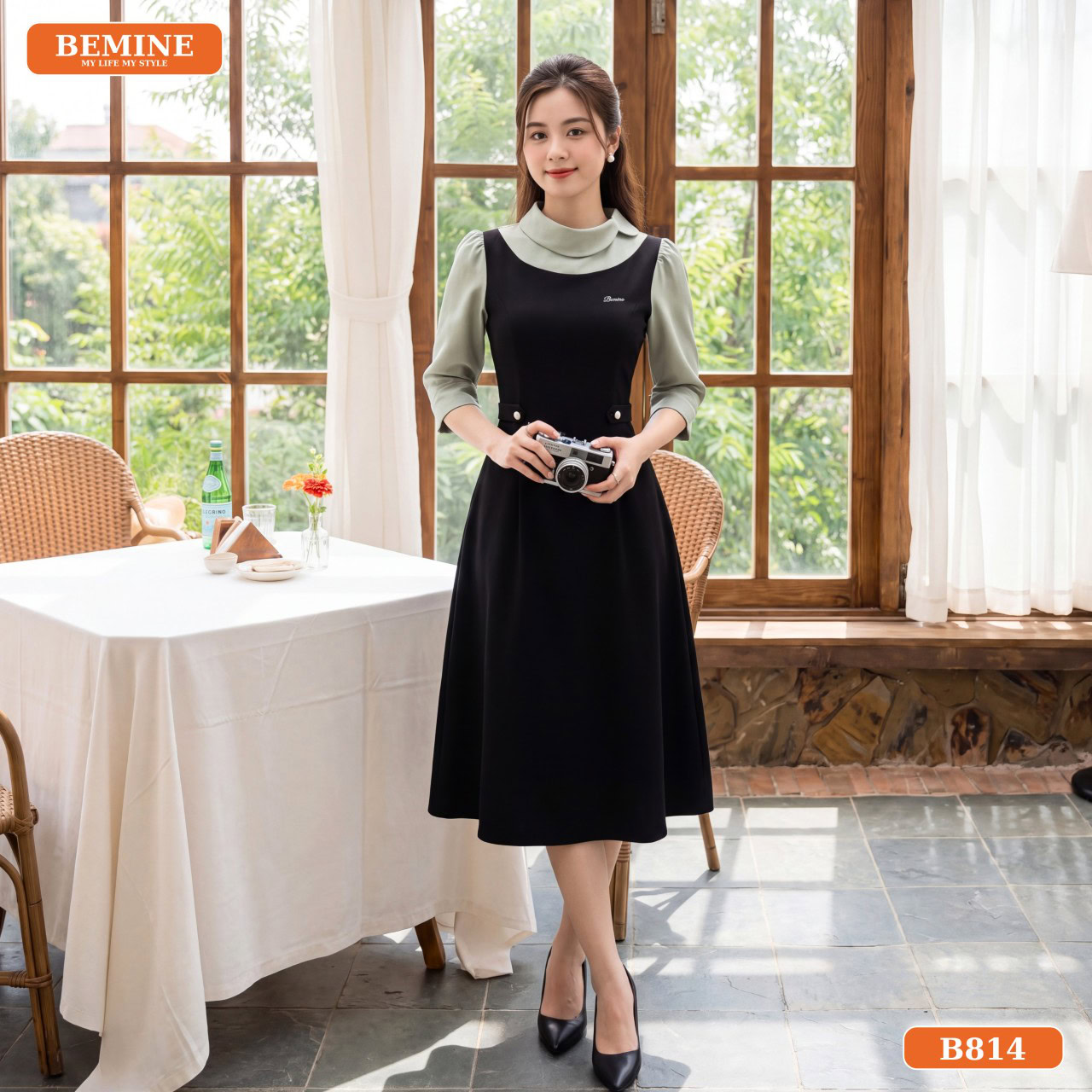 Chất liệu cotton Thái của đầm thiết kế cổ sen tay lửng B814