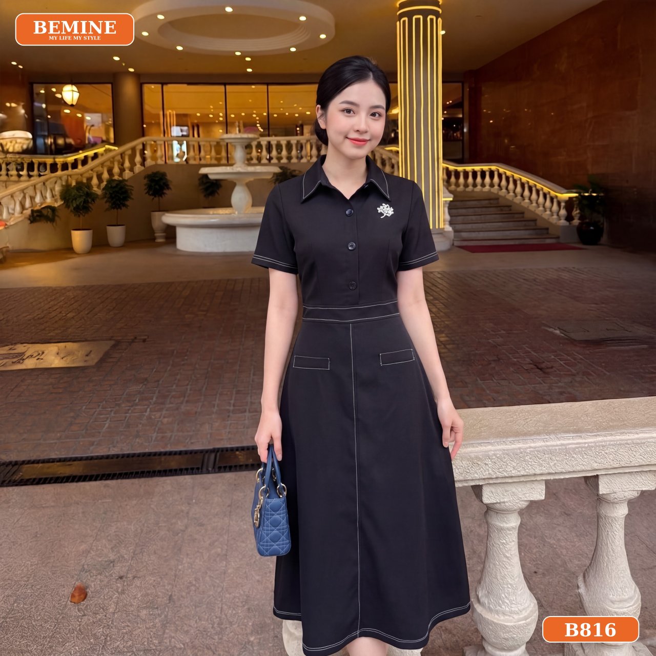 Gợi ý phối đồ đầm cổ sơ mi dáng chữ A B816