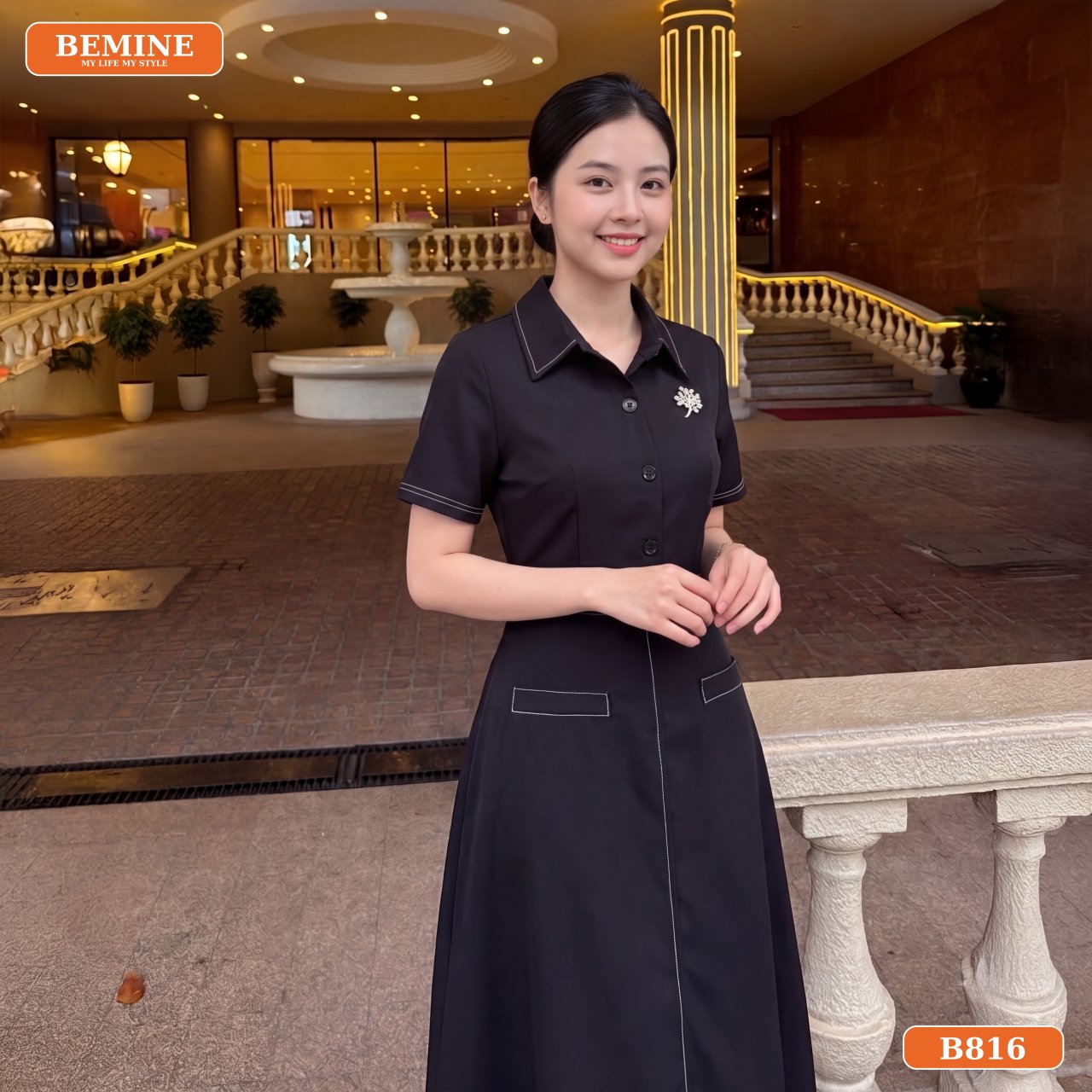 Cận cảnh chi tiết đầm cổ sơ mi dáng chữ A B816