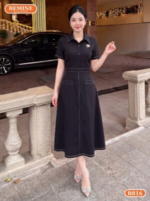 Đầm thiết kế BEMINE cổ sơ mi chạy viền chỉ nổi dáng chữ A B816 hình ảnh