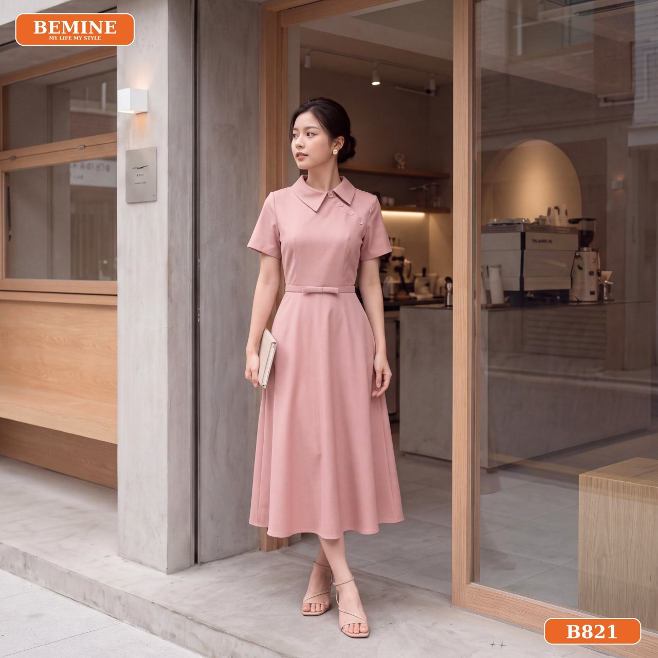 Mặt sau đầm công sở BEMINE B821 phom dáng xòe che khuyết điểm