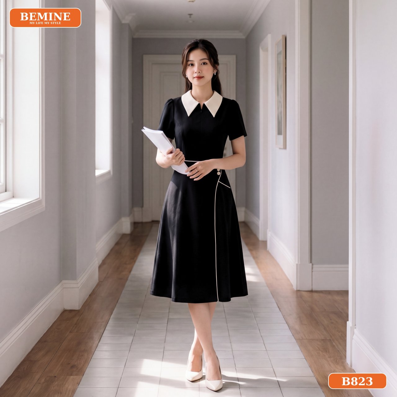 Chi tiết cổ sơ mi đầm công sở dáng chữ A B823