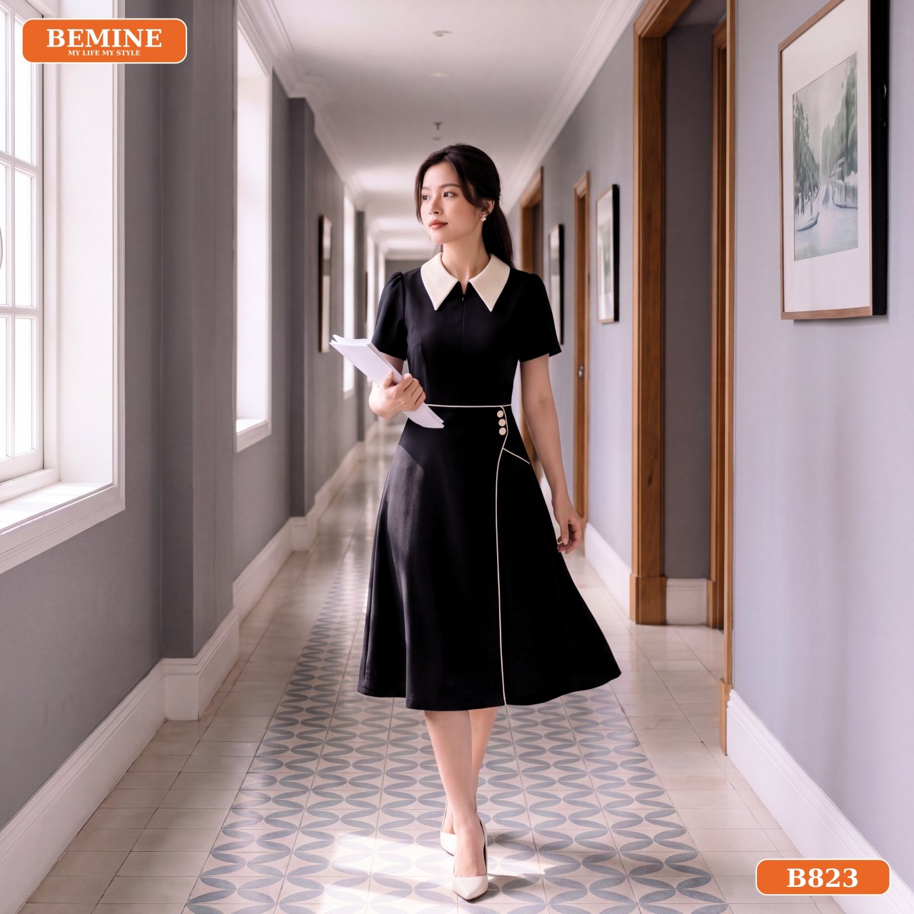 Cách phối đồ đẹp với đầm công sở dáng chữ A B823