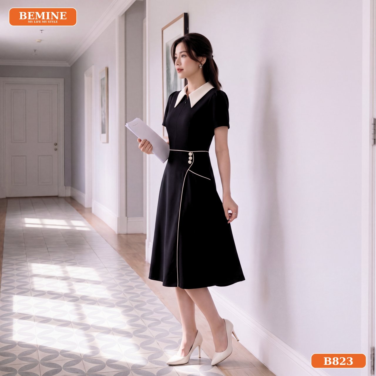 Dáng xòe nhẹ của đầm công sở dáng chữ A B823