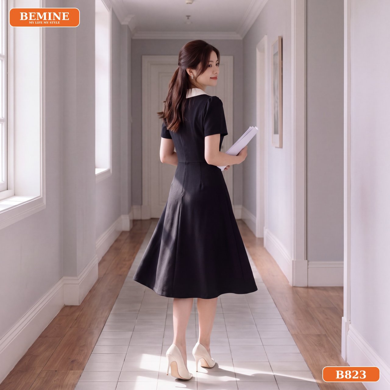 Đầm công sở dáng chữ A B823 chất liệu Cotton Thái