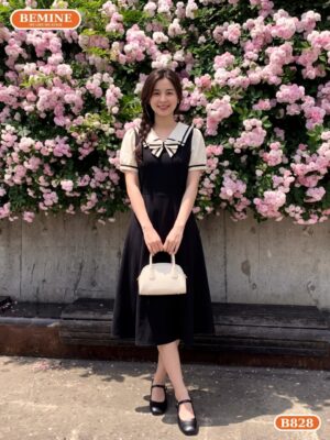 Đầm thiết kế BEMINE cổ thủy thủ phối viền nơ dáng chữ A B828 hình ảnh