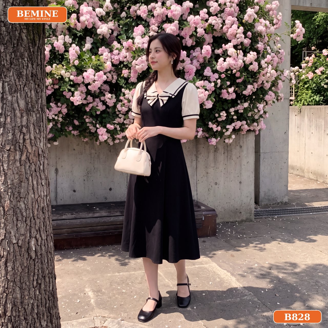 Phối đồ thanh lịch với đầm cổ thủy thủ phối viền nơ B828 đi làm