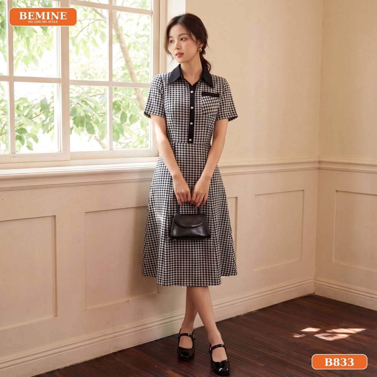 Chất liệu caro xốp của đầm cổ sơ mi họa tiết caro B833
