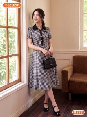 Đầm thiết kế BEMINE cổ sơ mi họa tiết caro dáng chữ A B833 hình ảnh