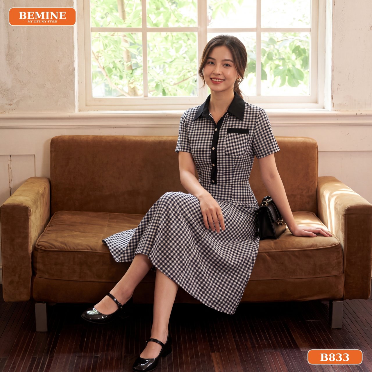Gợi ý phối đồ đầm cổ sơ mi họa tiết caro B833 đi làm