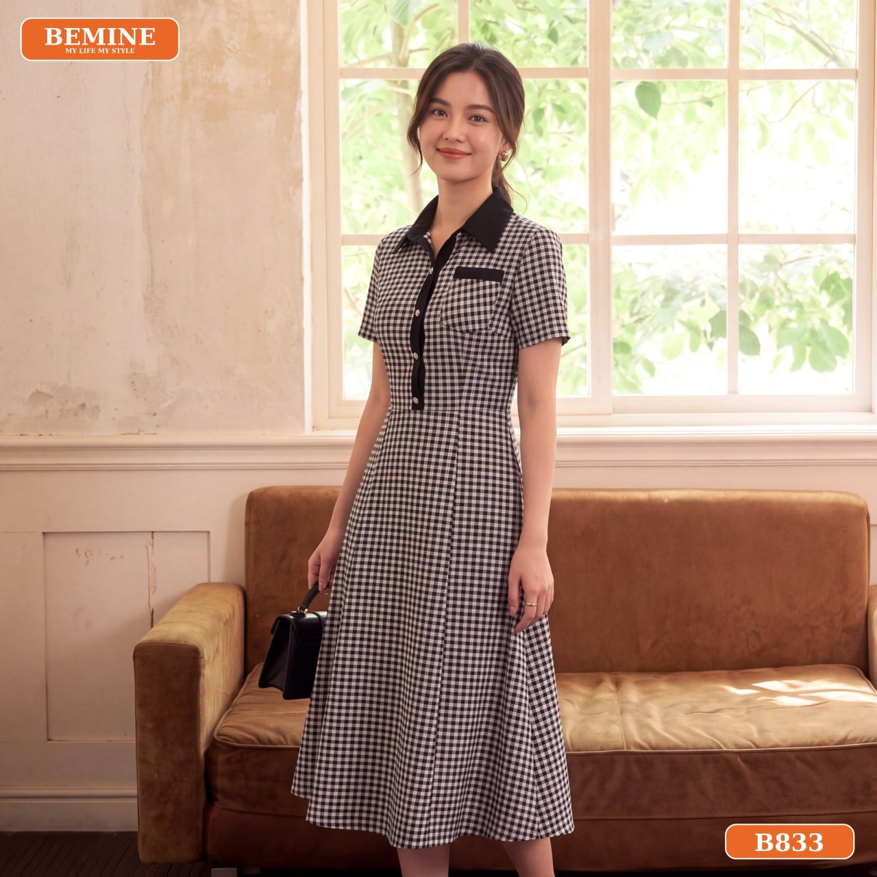 Chi tiết đầm cổ sơ mi họa tiết caro B833 phom dáng chỉn chu
