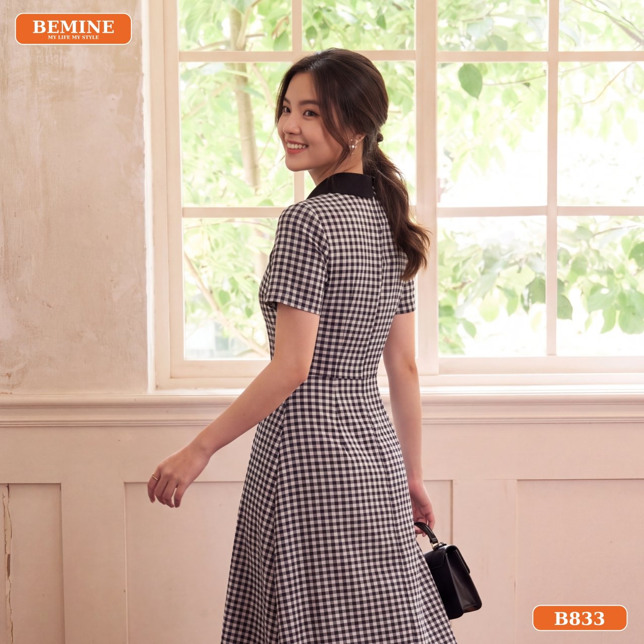 Đầm cổ sơ mi họa tiết caro B833 2 lớp có túi tiện lợi