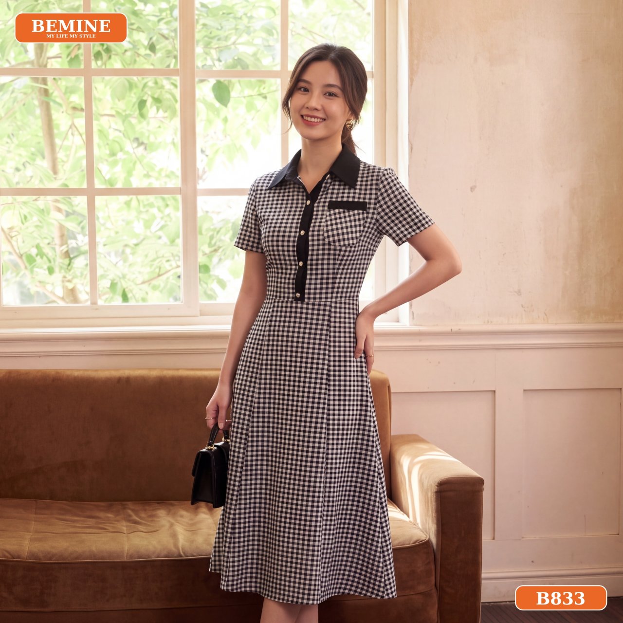 Phong cách đầm cổ sơ mi họa tiết caro B833 lịch sự nhẹ nhàng