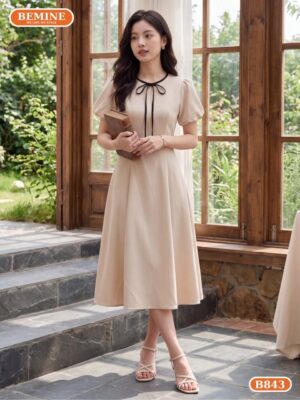Đầm thiết kế BEMINE cổ tròn phối dây nơ tay phồng dáng dài B843 hình ảnh