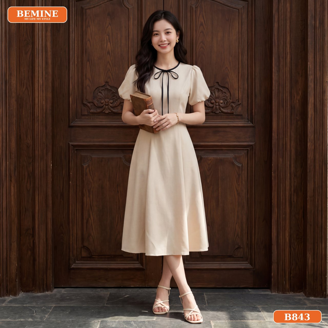 Phối đồ cùng đầm thiết kế BEMINE cổ tròn phối dây nơ B843