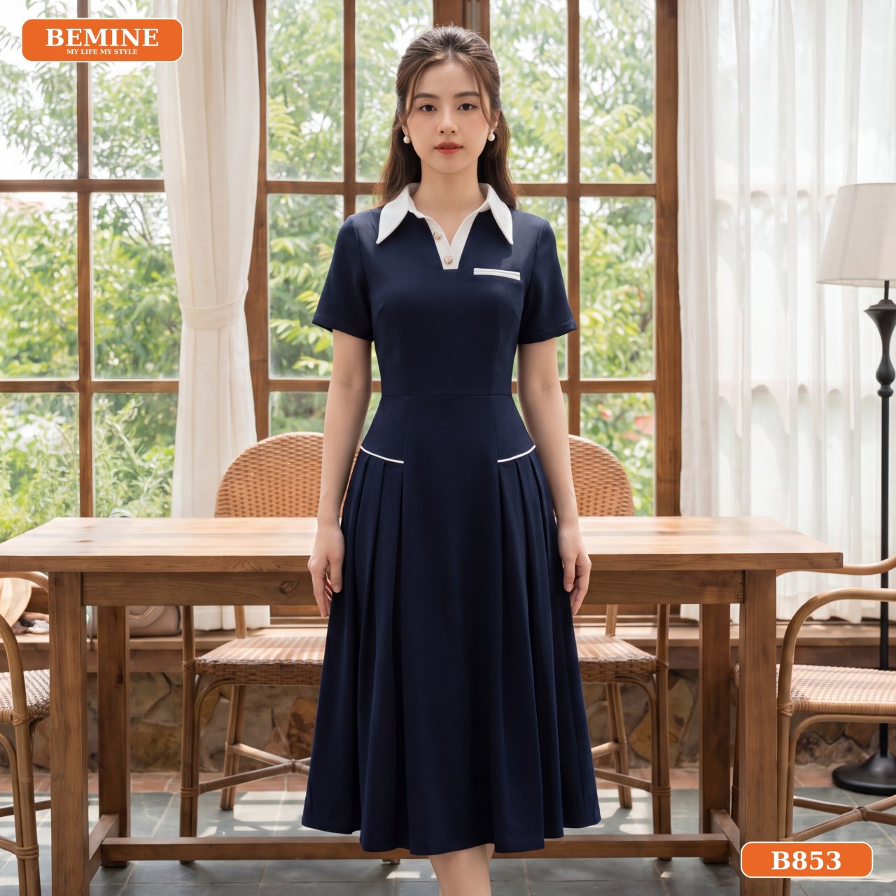 Chi tiết đầm thiết kế cổ sơ mi B853 công sở BEMINE