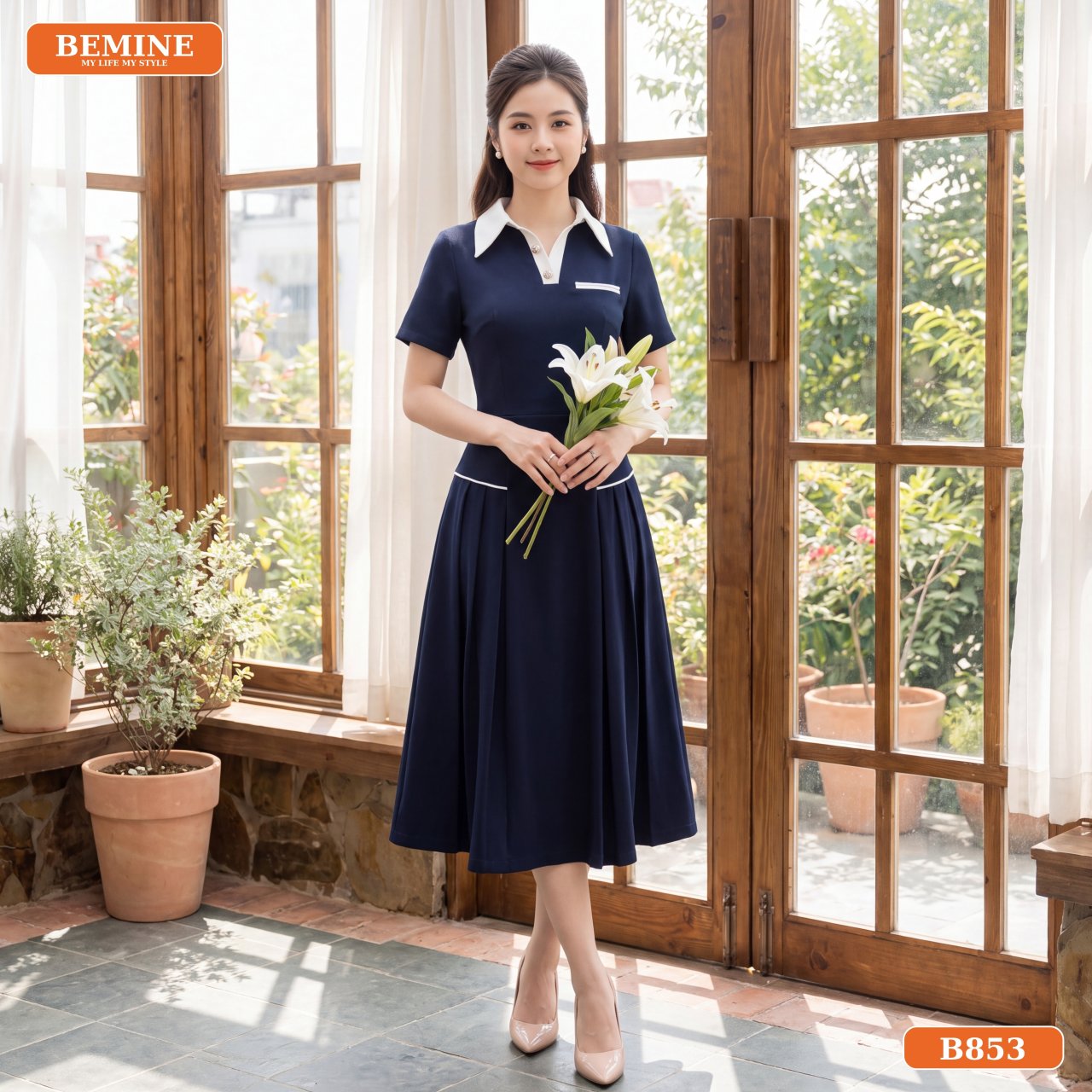 Chất liệu cotton Hàn của đầm thiết kế cổ sơ mi B853 BEMINE