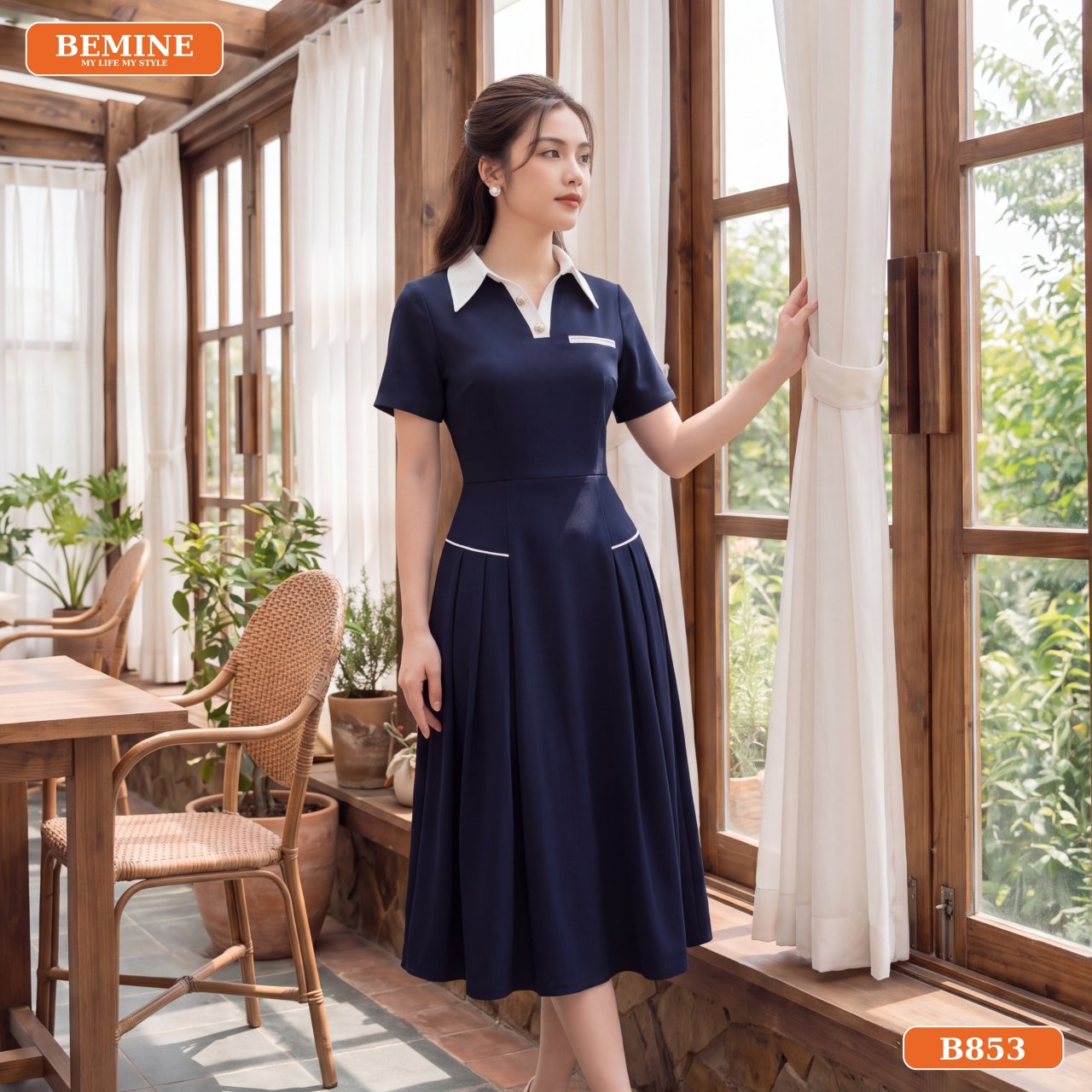 Đầm thiết kế cổ sơ mi B853 phù hợp đi làm dạo phố BEMINE