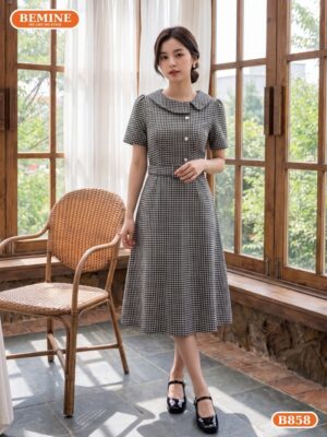 Đầm thiết kế BEMINE cổ lệch phối caro dáng chữ A B858 hình ảnh